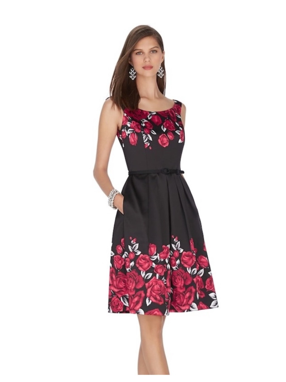 White House Black Market Black Midi Dress with Red Rose Border Print